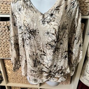 White House Black Market Tan and Brown Floral silkie Blouse